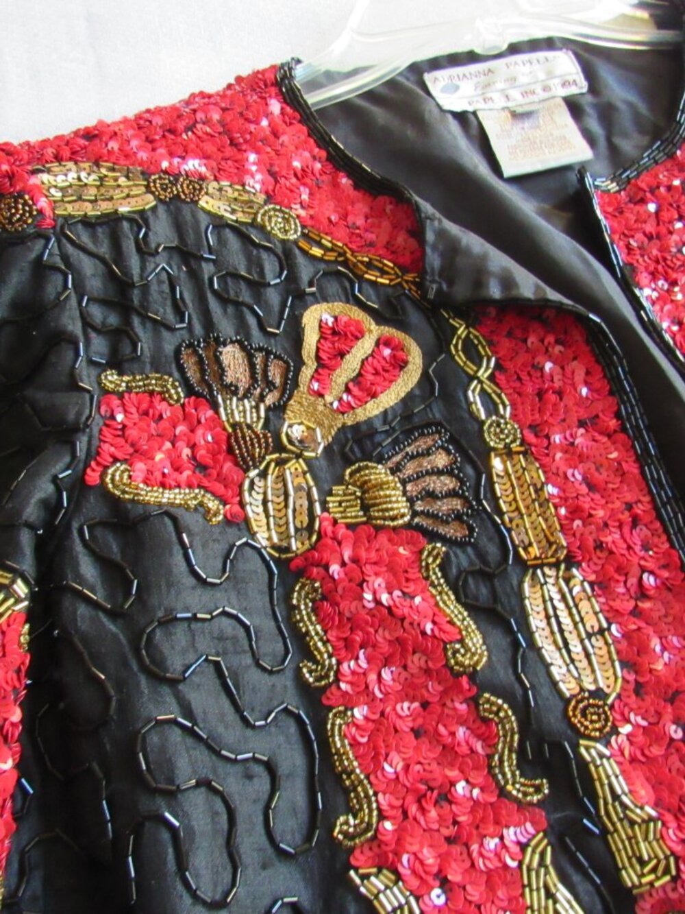 90s Sequin Jacket Blazer L Evening Wrap Red Black Gold Beaded Adrianna Papell
